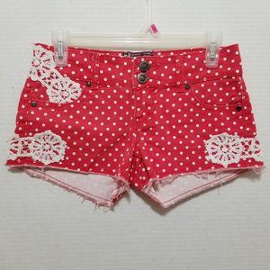 Hot Kiss shorts 5 Cici polka dot print crochet lace frayed hem denim jean boho